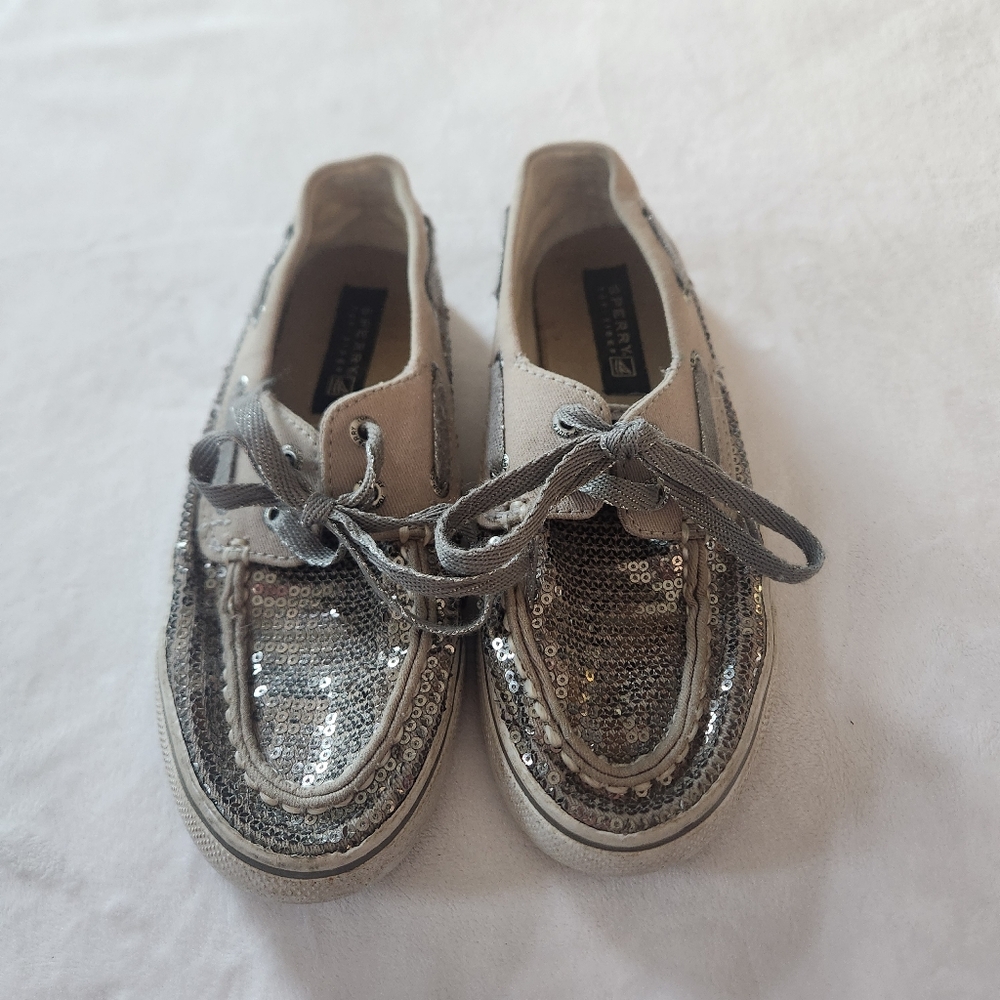 Sperry Topsider Bahama Pewter Silver Sequin Boat Shoes